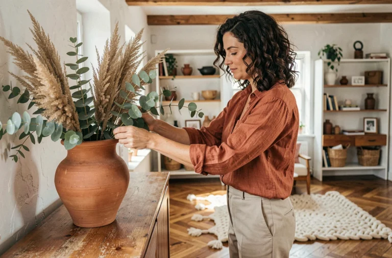 Femme arrangeant des fleurs séchées dans un vase en terre cuite dans un salon au style scandinave avec parquet en chevrons