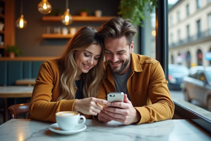 Deux amis regardant ensemble les demandes d'abonnement Instagram sur un téléphone dans un café