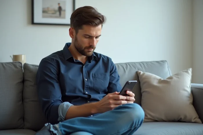 Homme vérifiant ses demandes d'abonnement en attente sur Instagram depuis son canapé