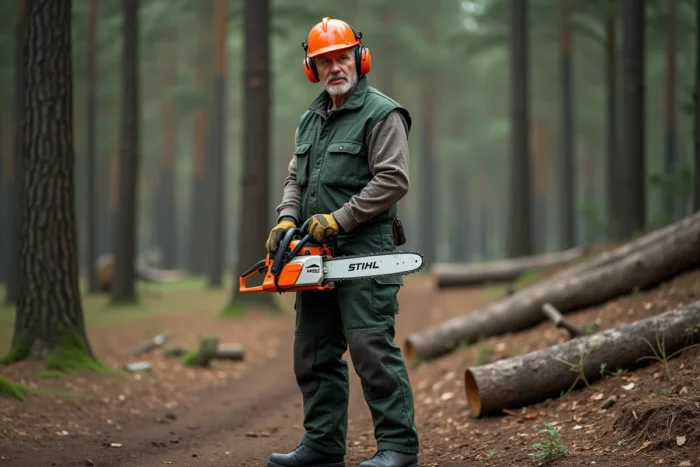 Homme équipé d'un casque de sécurité orange et de jambières anti-coupure tenant une tronçonneuse Stihl en forêt avant démarrage