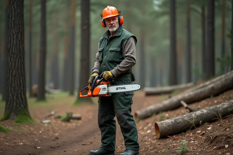 Homme équipé d'un casque de sécurité orange et de jambières anti-coupure tenant une tronçonneuse Stihl en forêt avant démarrage