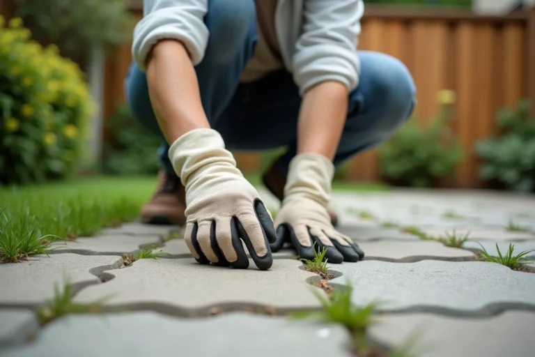 Femme qui enlève les mauvaises herbes entre les pavés autobloquants d'un patio de jardin