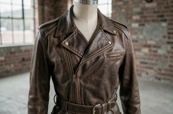 Détail d'un perfecto vintage en cuir marron sur mannequin dans un loft industriel, montrant patine et coutures authentiques