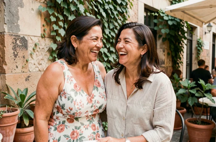 Deux femmes latino-américaines souriantes partageant un moment complice en terrasse de café à Buenos Aires