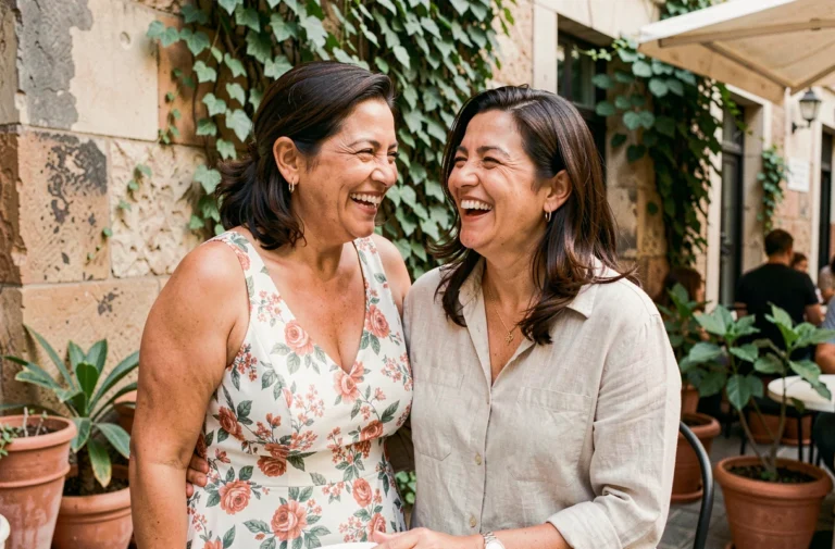 Deux femmes latino-américaines souriantes partageant un moment complice en terrasse de café à Buenos Aires