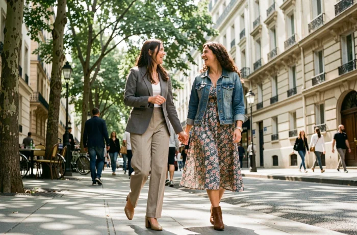 Deux femmes au style affirmé marchant et riant dans une rue urbaine parisienne, illustrant la diversité des tendances mode et les conseils pour un style unique au quotidien