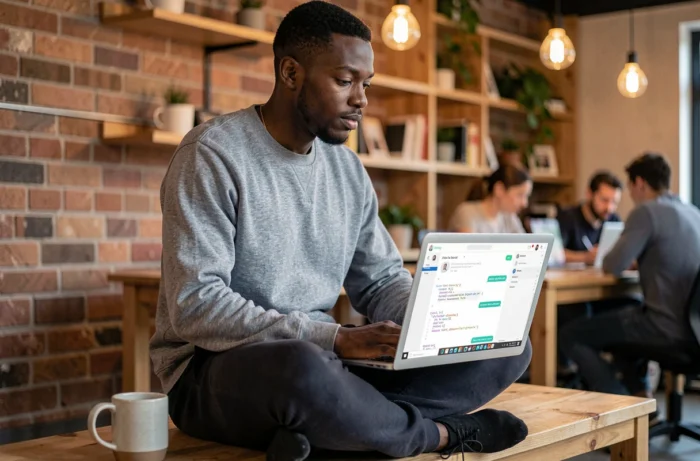 Développeur travaillant sur une application d'intelligence artificielle conversationnelle dans un espace de coworking moderne avec un ordinateur portable