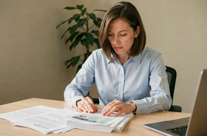 Femme consultant les documents nécessaires pour le changement de carte grise à son bureau