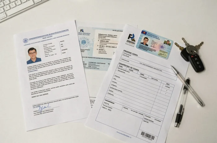 Documents requis pour le changement de carte grise étalés sur un bureau administratif