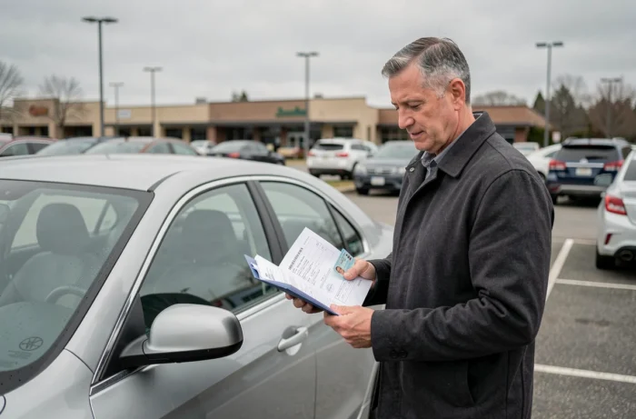 Homme tenant un dossier de documents pour la carte grise à côté de sa voiture