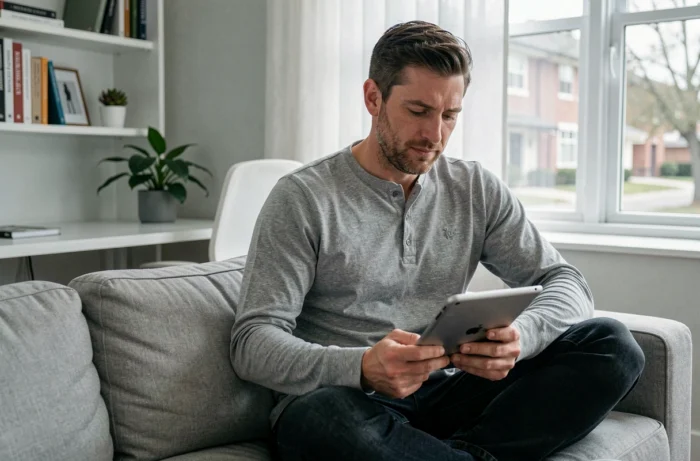 Entrepreneur indépendant consultant des métriques de campagne marketing digital sur une tablette depuis son bureau à domicile
