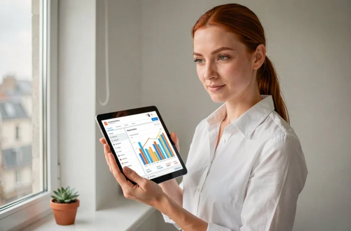 Une entrepreneuse consultant son tableau de bord de suivi de positions Google sur une tablette depuis son bureau à domicile