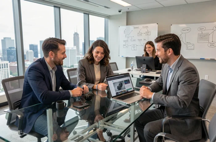Équipe de collègues explorant les nouvelles technologies et gadgets high-tech dans un bureau de startup moderne
