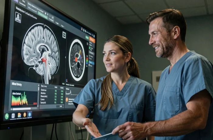 Deux professionnels de santé analysant ensemble des images médicales avancées sur écran numérique en salle d'imagerie