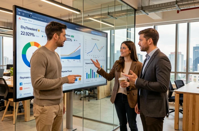 Équipe de professionnels discutant des tendances du marketing digital devant un écran interactif dans un espace de coworking