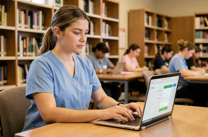 Étudiante infirmière en blouse bleue se connectant à la plateforme Theia Elfe sur un ordinateur portable dans une bibliothèque universitaire