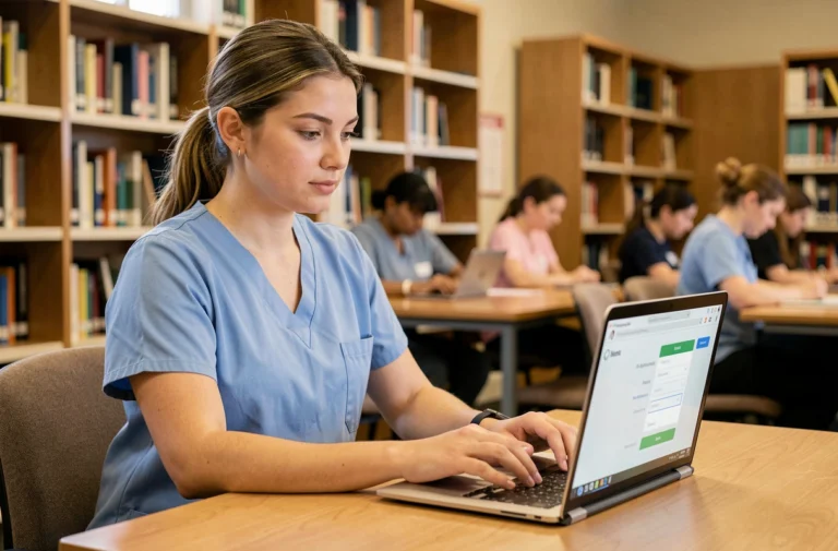 Étudiante infirmière en blouse bleue se connectant à la plateforme Theia Elfe sur un ordinateur portable dans une bibliothèque universitaire