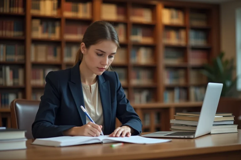 Étudiante en master ou doctorat travaillant dans une bibliothèque universitaire, illustrant un parcours bac+6 en France