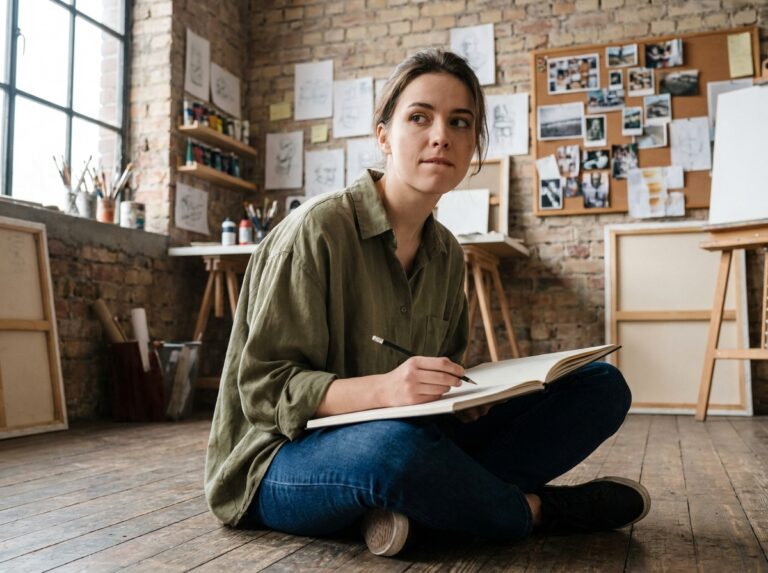 Étudiante en prépa artistique concentrée dans un atelier de création, carnet de croquis ouvert sur les genoux