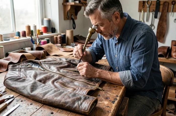 Expert en cuir inspectant la fermeture éclair en laiton d'un perfecto vintage posé sur un établi d'atelier