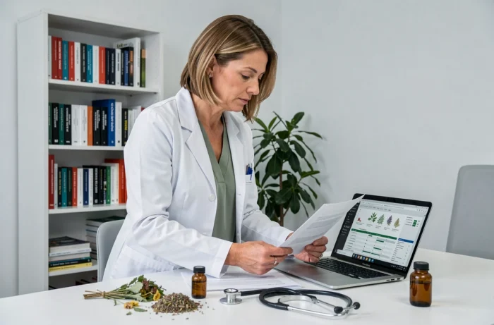 Experte en nutrition examinant des données sur les compléments alimentaires à base de plantes dans un bureau médical, symbolisant l'analyse des risques du thé Lulutox