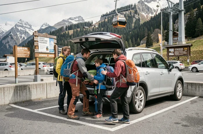 Famille se préparant dans le parking au départ du téléphérique de l'Aiguille du Midi à Chamonix