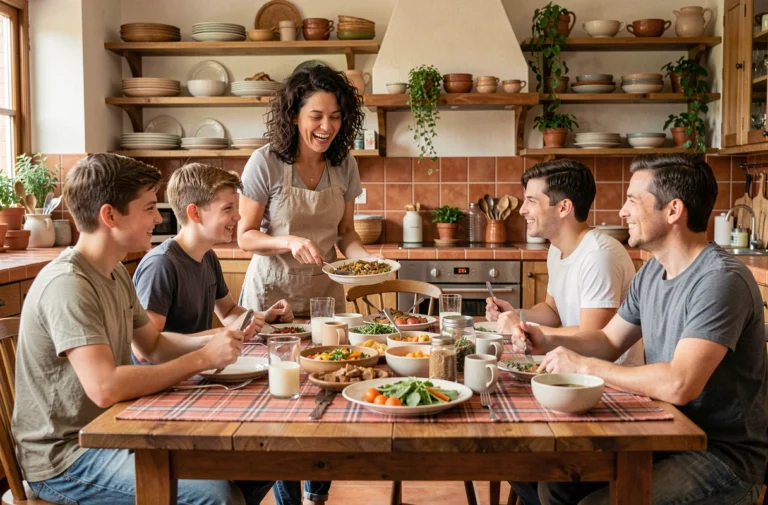 Famille réunie autour d'un repas fait maison dans une cuisine chaleureuse, partageant un moment de complicité et de joie au quotidien