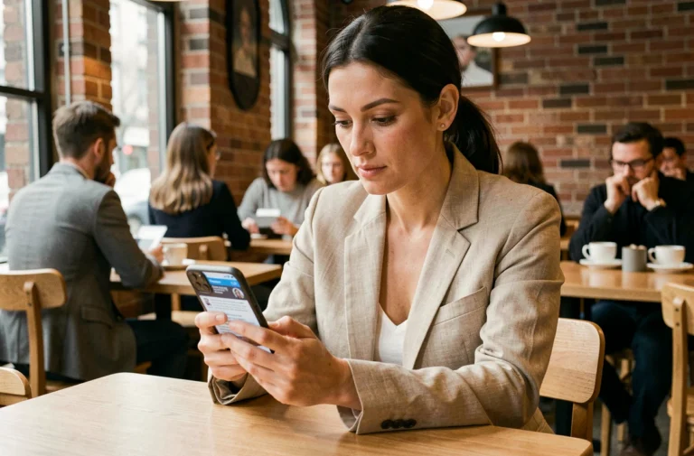 Femme lisant les dernières actualités sur son smartphone dans un café urbain moderne