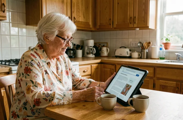 Femme âgée lisant des conseils de santé en ligne sur une tablette dans une cuisine familiale chaleureuse