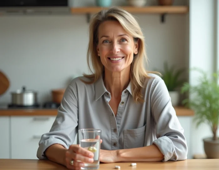 Femme prenant un complément hépatique comme Hépaliv dans sa cuisine, témoignage et avis consommateur