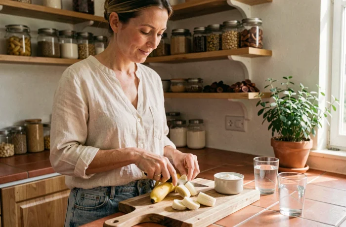 Femme préparant une collation à base de banane dans une cuisine lumineuse pour favoriser le transit intestinal naturellement