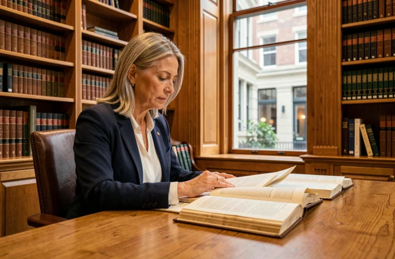 Femme professionnelle étudiant des ouvrages de droit et de philosophie éthique dans une bibliothèque juridique