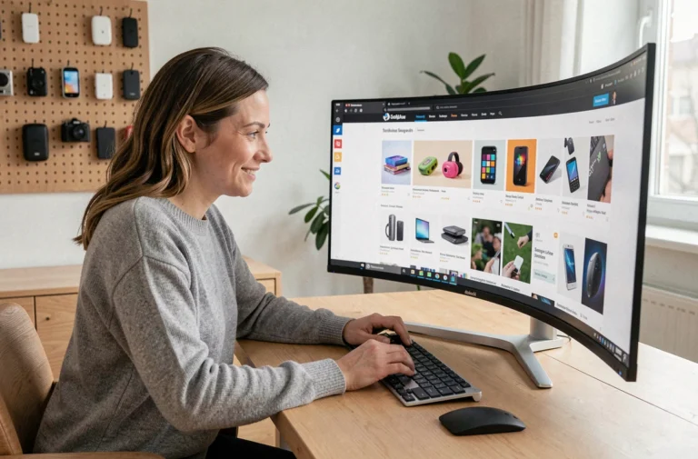 Femme consultant un blog de nouvelles technologies sur un écran ultrawide dans un bureau minimaliste moderne
