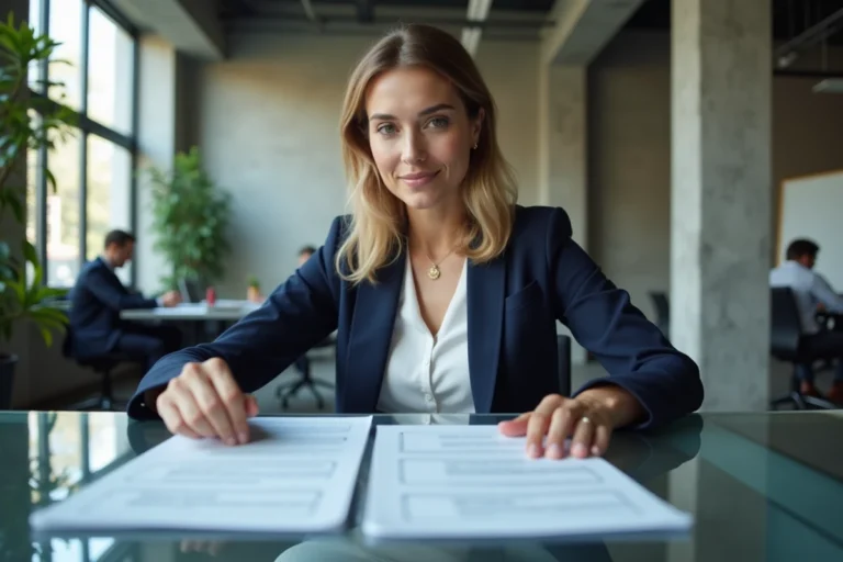 Femme cadre en entreprise consultant des documents de formation professionnelle obligatoire lors d'une réunion