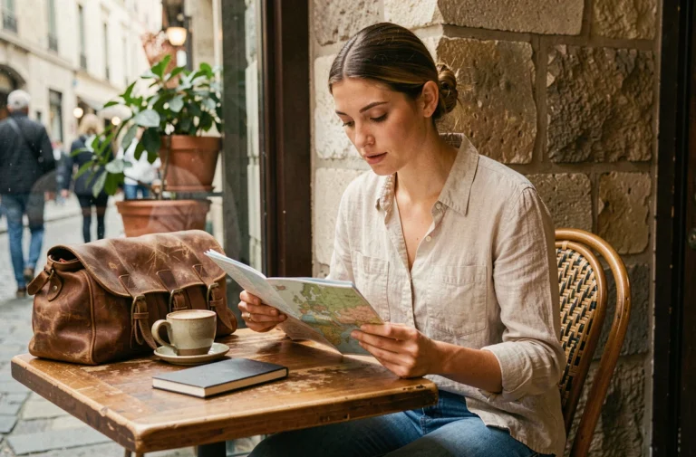 Femme consultant une carte de voyage dans un café européen, préparant son prochain voyage