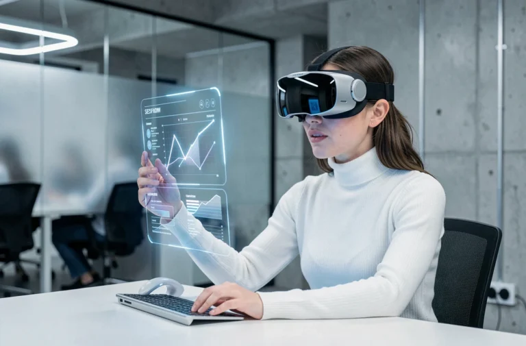 Femme utilisant un casque de réalité augmentée dans un bureau moderne, illustration des tendances tech 2024