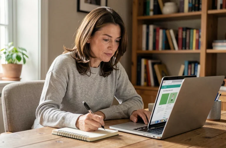 Femme d'une quarantaine d'années consultant des ressources de santé en ligne sur un ordinateur portable dans un bureau à domicile chaleureux