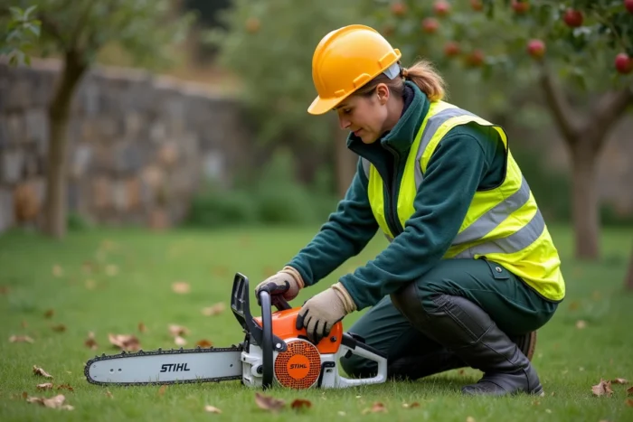 Femme en équipement de protection individuelle démarrant une tronçonneuse Stihl en toute sécurité dans un jardin rural