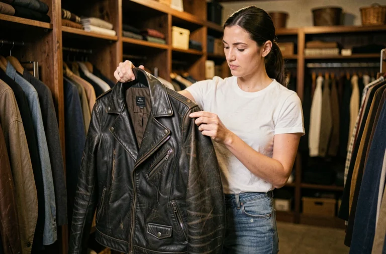 Femme examinant les coutures d'un perfecto vintage en cuir noir dans une boutique de vêtements d'occasion