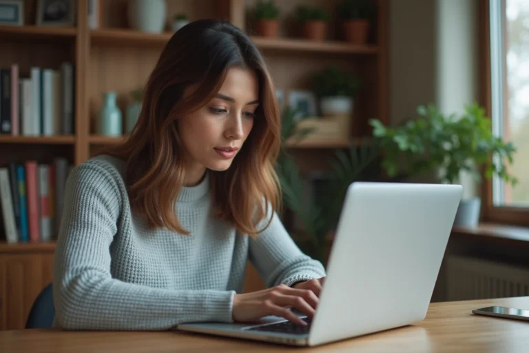 Femme explorant les rubriques d'un site web sur son ordinateur portable dans un bureau à domicile chaleureux