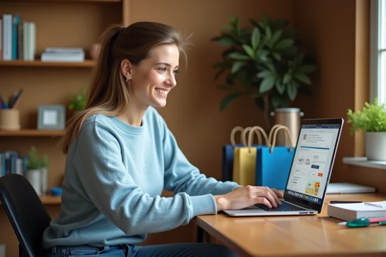 Jeune femme parcourant des sites de goodies gratuits sur son ordinateur portable dans un bureau à domicile, entourée d'objets promotionnels et de sacs de marque