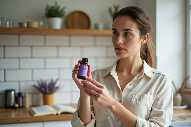 Femme examinant un flacon d'huile essentielle de lavande dans une cuisine moderne, questionnant les risques de perturbateurs endocriniens