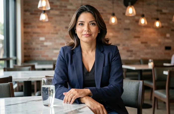 Femme latina élégante assise dans un restaurant moderne de Miami avec une expression détendue et assurée
