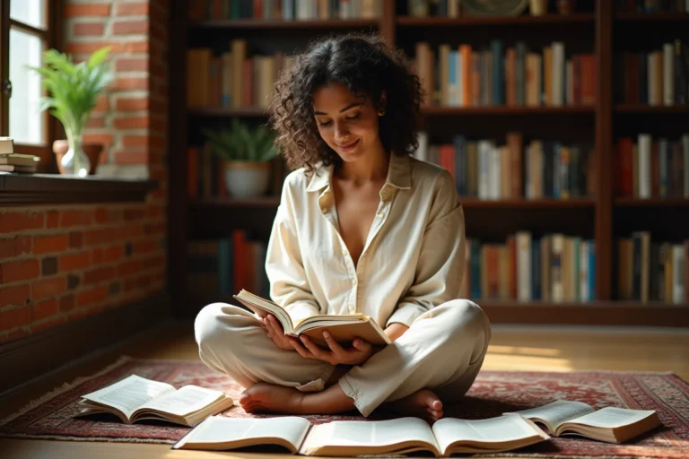 Femme lisant entourée de livres ouverts dans une bibliothèque chaleureuse avec des murs en briques apparentes