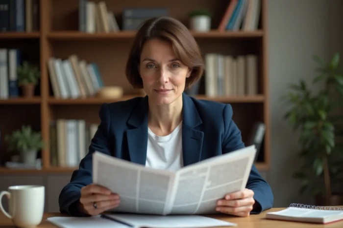 Une femme de 40 ans lit attentivement un journal imprimé dans un bureau à domicile, symbolisant l'actualité citoyenne quotidienne
