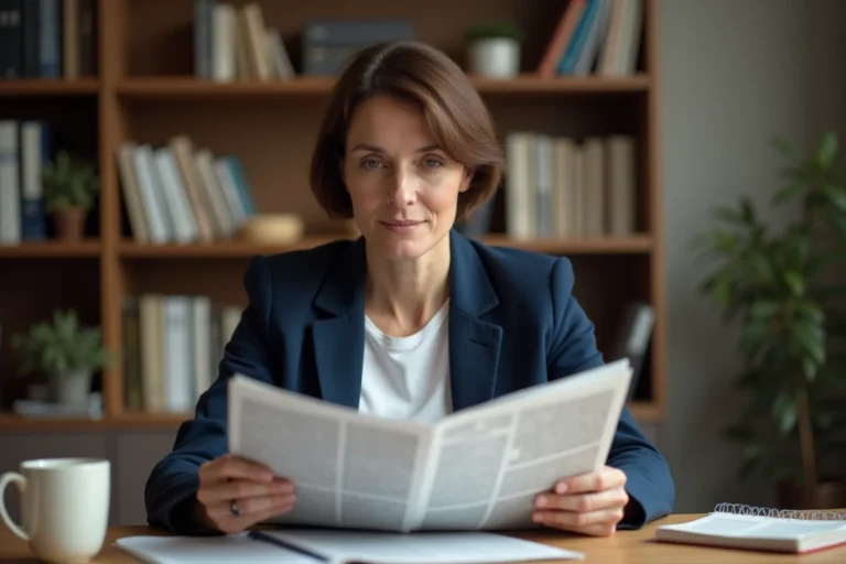 Une femme de 40 ans lit attentivement un journal imprimé dans un bureau à domicile, symbolisant l'actualité citoyenne quotidienne