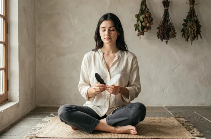 Femme en méditation tenant une plume noire et une plume blanche dans les mains, dans une pièce zen minimaliste