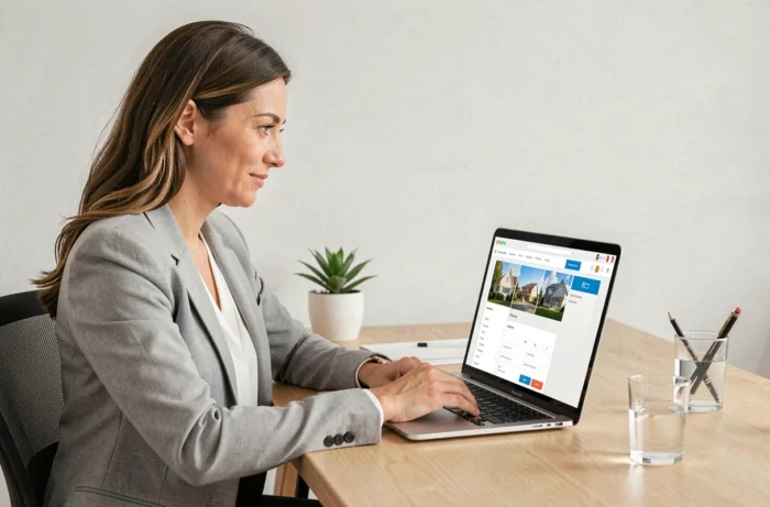 Femme utilisant une plateforme immobilière en ligne sur son ordinateur portable dans un bureau à domicile moderne