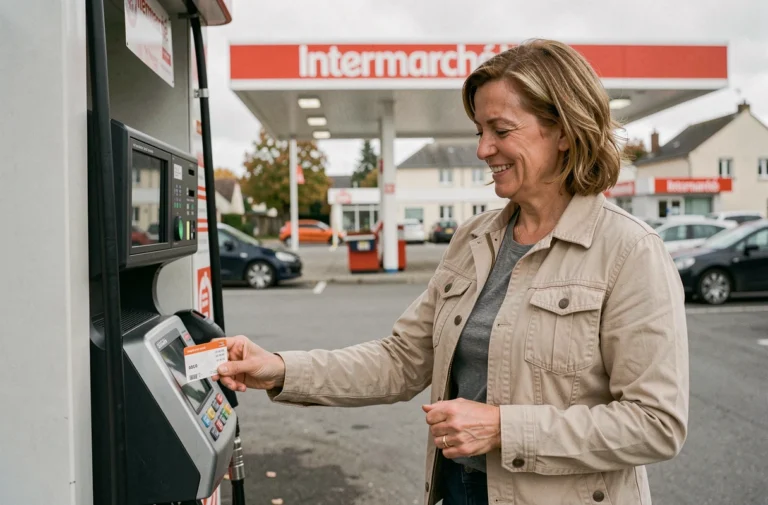 Femme faisant le plein de carburant à prix coûtant dans une station-service Intermarché avec sa carte de fidélité