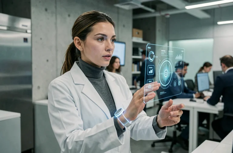 Femme en blouse blanche interagissant avec une interface en réalité augmentée dans un espace de travail technologique moderne en 2024